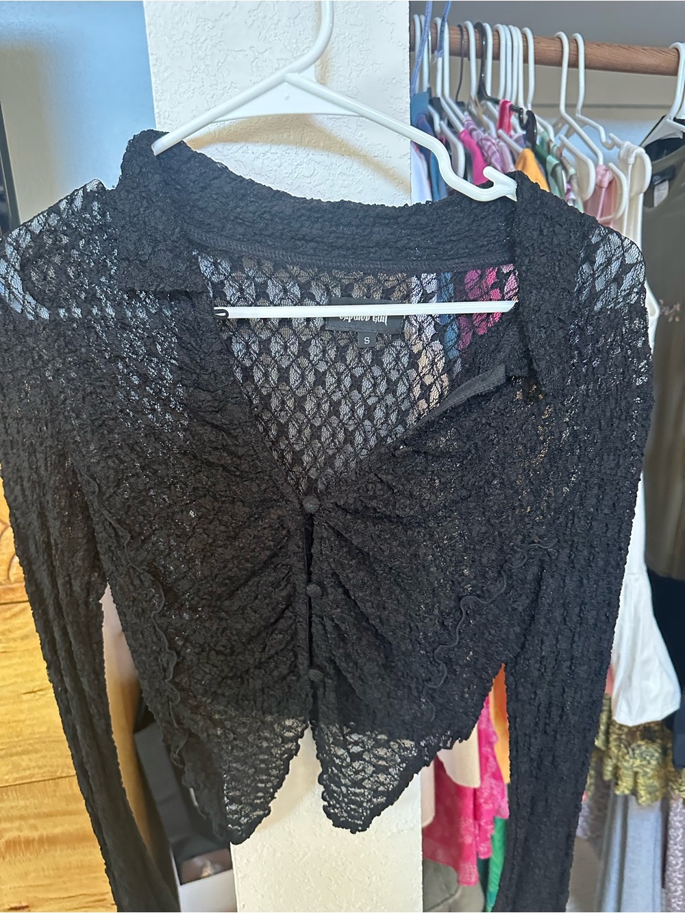 Black Crochet Ruched Button-Front Crop Top - Women